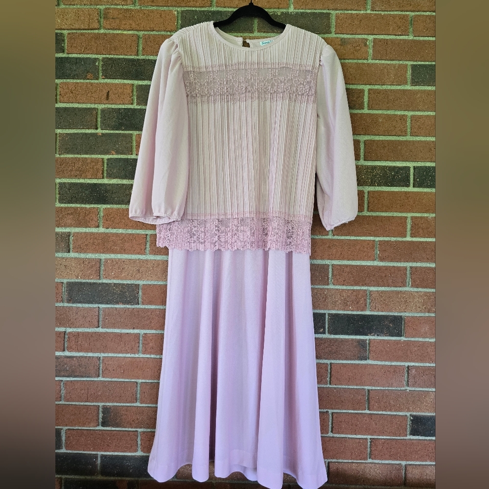 Vintage Sandi Dee Dress Size 17/18 Pink Pleated Chiffon Lace 80s Fairy Cottage